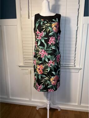 AB Studio Tropical Floral Sleeveless Sheath Dress Black Pink Size 10 Tropical